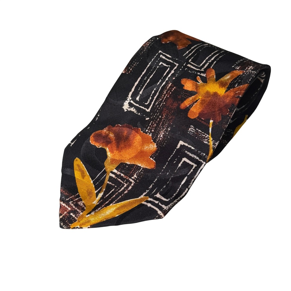 Hugo Boss Mens Silk Tie Black Orange Floral Geometric Abstract Made in Italy